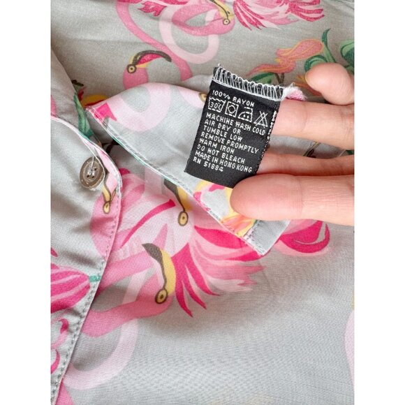 Vintage PATALOHA PATAGONIA Grey Pink Floral Flamingo Hawaiian Shirt, Size S - Picture 15 of 16